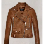 Women's Brown Kylie Jenner Biker Leather Jacket Front