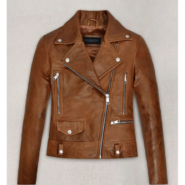 Women'S Brown Kylie Jenner Biker Leather Jacket Front