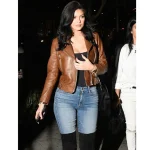 Women's Brown Kylie Jenner Biker Leather Jacket