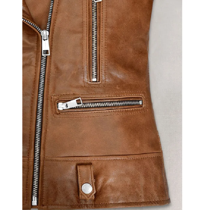 Women'S Brown Kylie Jenner Biker Leather Jacket Zipper