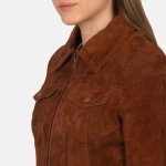 Women's Brown Suede Trucker Leather Jacket Close