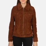 Women's Brown Suede Trucker Leather Jacket Front