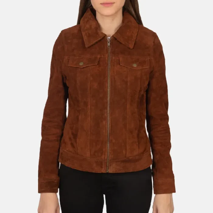 Women'S Brown Suede Trucker Leather Jacket Front