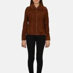 Women's Brown Suede Trucker Leather Jacket Zip-Up
