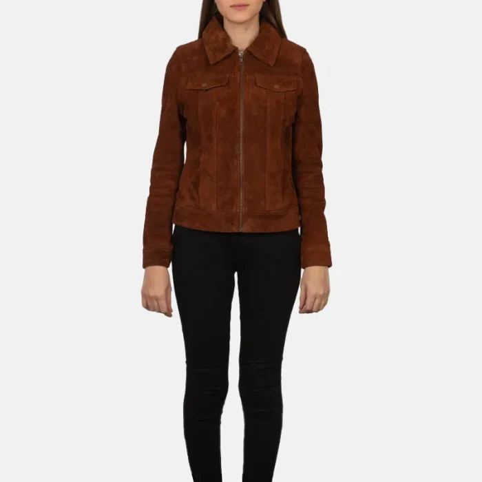 Women'S Brown Suede Trucker Leather Jacket Zip-Up