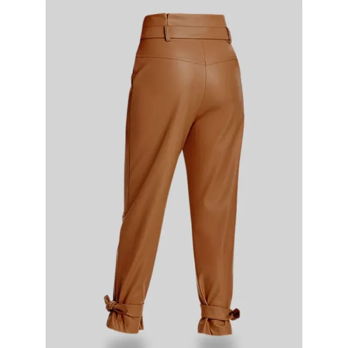 Women'S Brown Tied Cuff Leather Pants Back View