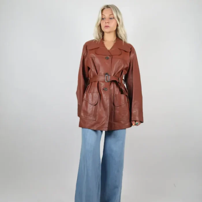 Women'S Burgundy Vintage 70S Leather Jacket Button Up