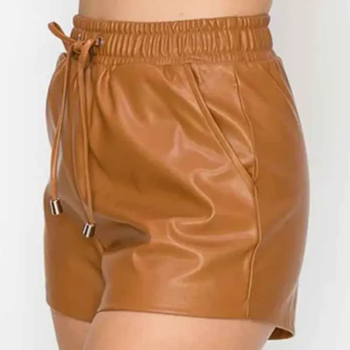 Women'S Camel Best Leather Shorts Side