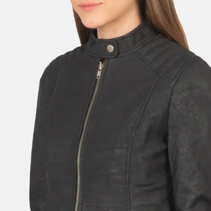 Women'S Distressed Black Leather Biker Jacket Close Up