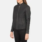 Women's Distressed Black Leather Biker Jacket Side