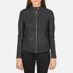 Women's Distressed Black Leather Biker Jacket Zip-Up View