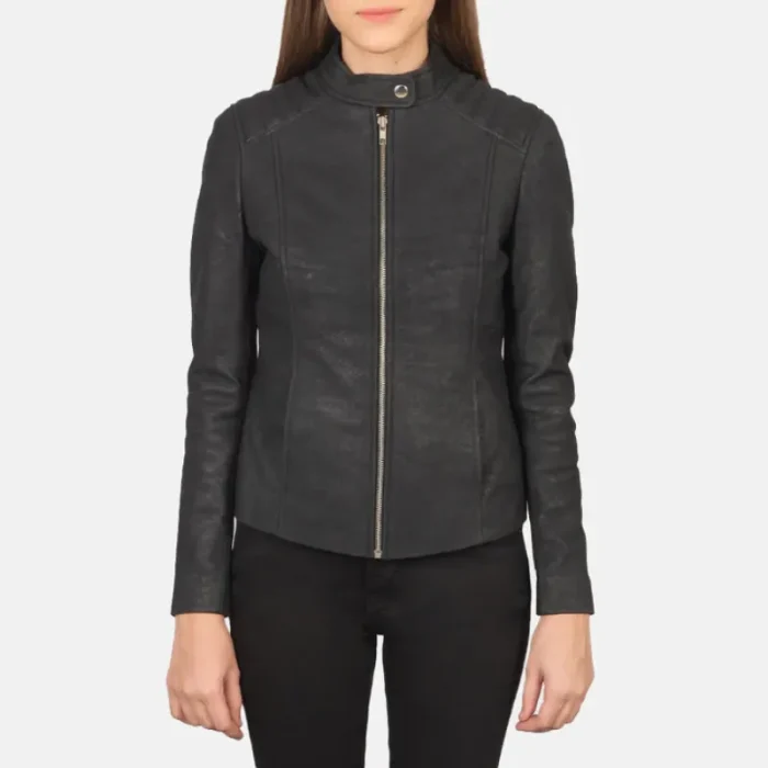 Women'S Distressed Black Leather Biker Jacket Zip-Up View