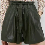 Women's Green High Waist Leather Shorts