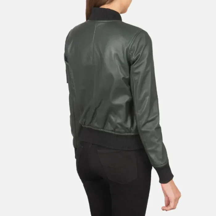 Women'S Green Leather Ma-1 Bomber Jacket Back