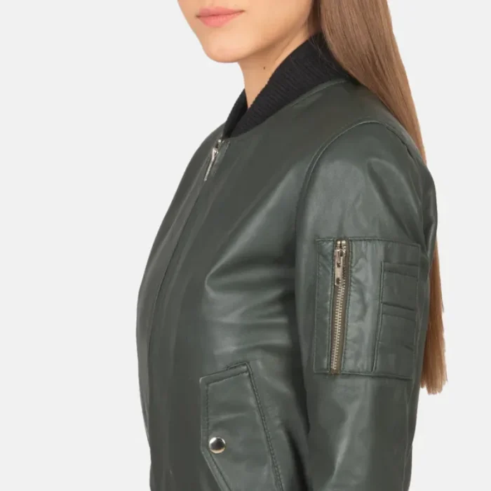 Women'S Green Leather Ma-1 Bomber Jacket Close Up