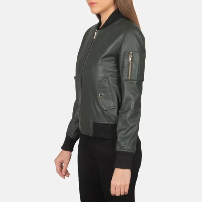 Women'S Green Leather Ma-1 Bomber Jacket Side
