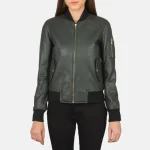 Women's Green Leather MA-1 Bomber Jacket Front