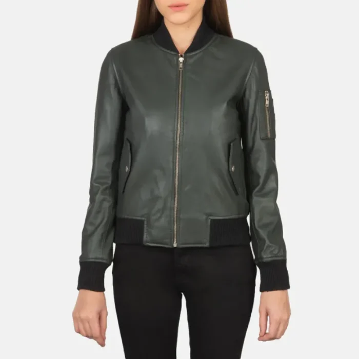 Women'S Green Leather Ma-1 Bomber Jacket Front
