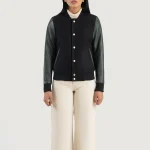Women's Green/Black Sheepskin Leather Hybrid Varsity Jacket Front