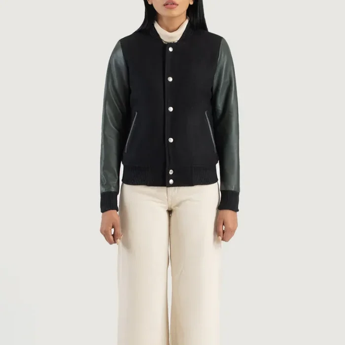 Women'S Green/Black Sheepskin Leather Hybrid Varsity Jacket Front