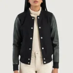 Women's Green/Black Sheepskin Leather Hybrid Varsity Jacket