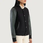 Women's Green/Black Sheepskin Leather Hybrid Varsity Jacket Side