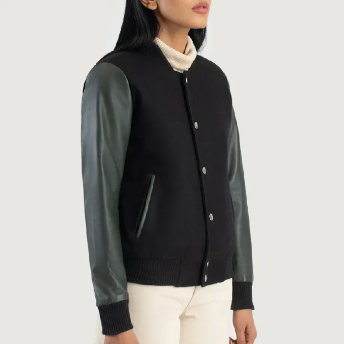 Women'S Green/Black Sheepskin Leather Hybrid Varsity Jacket Side