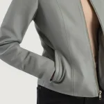 Women's Grey Collarless Leather Biker Jacket Close View