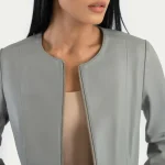 Women's Grey Collarless Leather Biker Jacket Front View