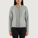 Women's Grey Collarless Leather Biker Jacket