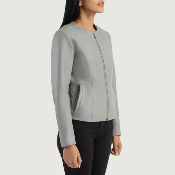 Women'S Grey Collarless Leather Biker Jacket Side View