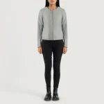 Women's Grey Collarless Leather Biker Jacket Wearing look