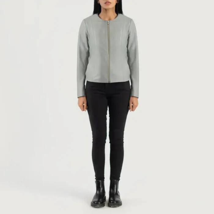 Women'S Grey Collarless Leather Biker Jacket Wearing Look