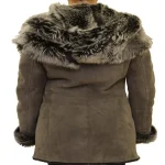 Women's Grey Long Biker Hooded Shearling Coat Back