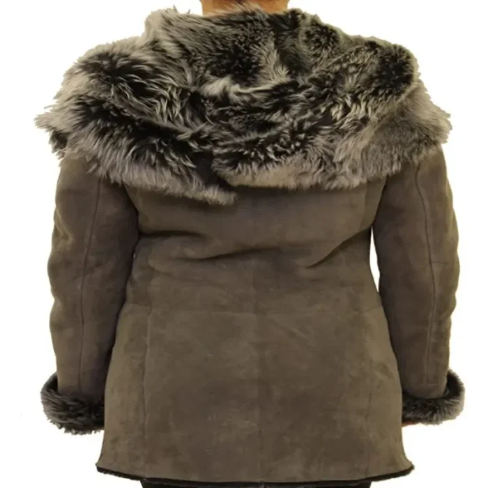 Women'S Grey Long Biker Hooded Shearling Coat Back
