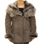 Women's Grey Long Biker Hooded Shearling Coat
