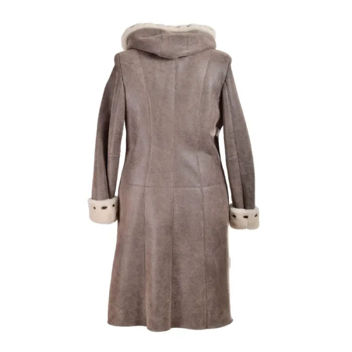 Women'S Grey Shearling Leather Coat Back View