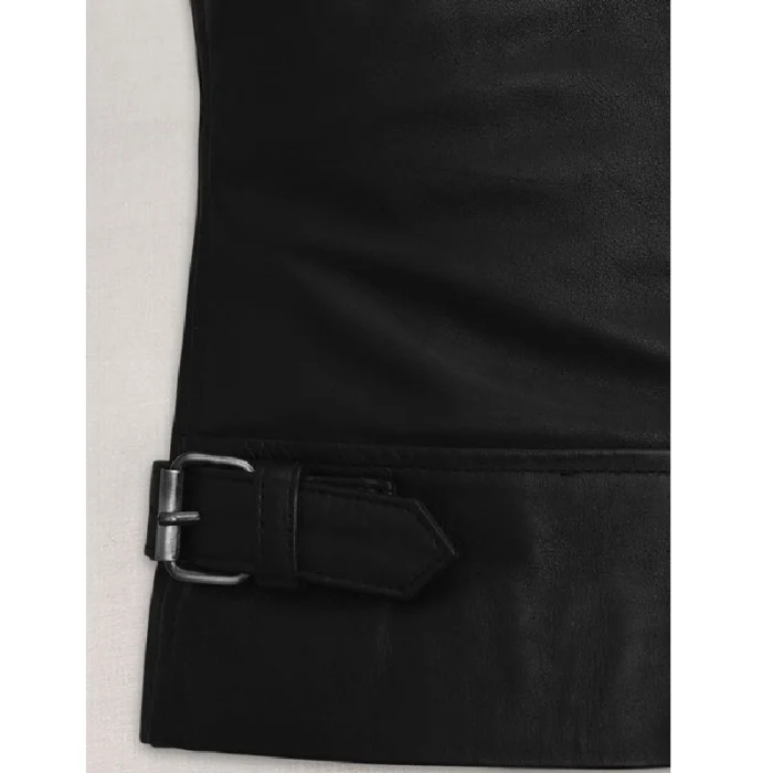 Women'S Jennifer Lawrence Button Up Leather Jacket Close