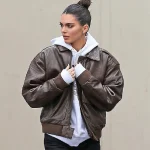 Brown Kendall Jenner Zipper Bomber Leather Jacket