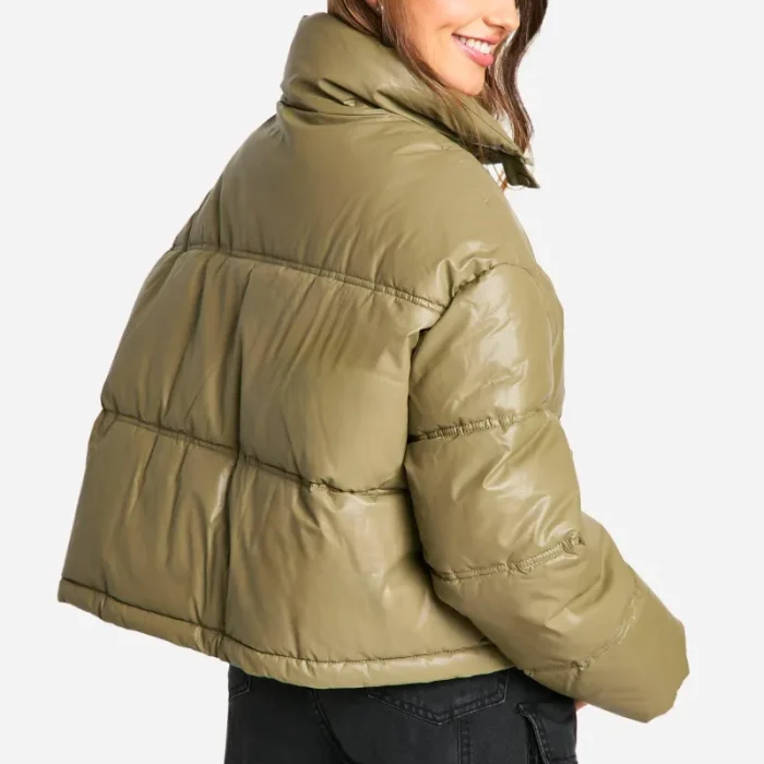 Women'S Khaki Faux Leather Puffer Jacket Back