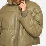 Women's Khaki Faux Leather Puffer Jacket Close Up