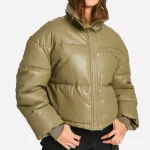 Women's Khaki Faux Leather Puffer Jacket