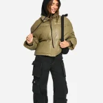 Women's Khaki Faux Leather Puffer Jacket Look