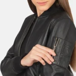 Women's Ma-1 Black Leather Zip-Up Bomber Jacket Close Up