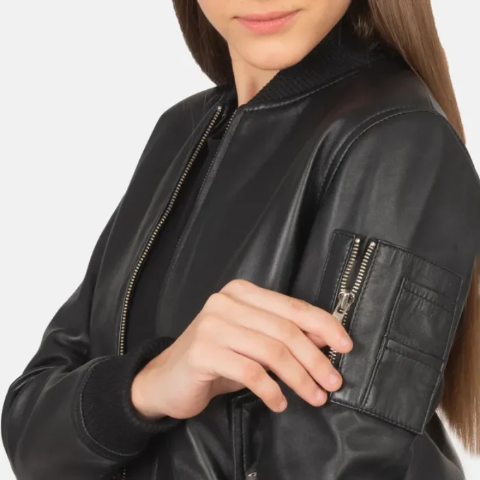Women'S Ma-1 Black Leather Zip-Up Bomber Jacket Close Up
