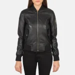 Women's Ma-1 Black Leather Zip-Up Bomber Jacket Front