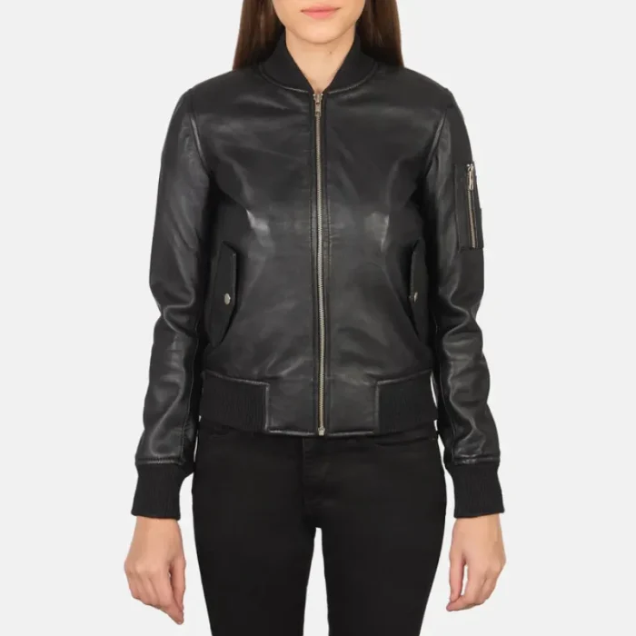 Women'S Ma-1 Black Leather Zip-Up Bomber Jacket Front