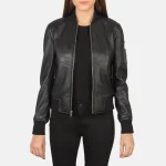 Women's Black Leather Zip-Up Ma-1 Bomber Jacket