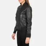 Women's Ma-1 Black Leather Zip-Up Bomber Jacket Side