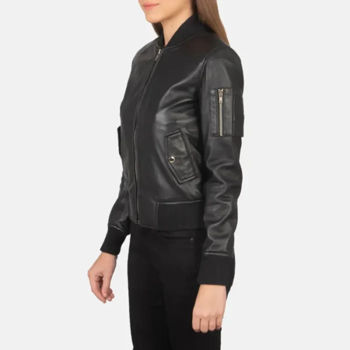 Women'S Ma-1 Black Leather Zip-Up Bomber Jacket Side